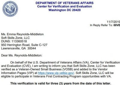 VOSB Approval Letter 11819 for 3 years